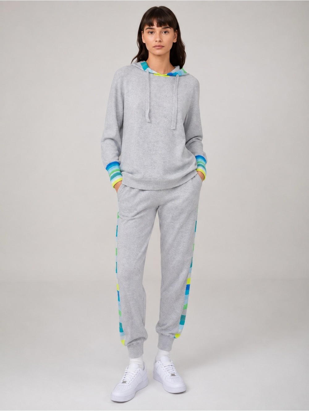 Scott & Scott London 100% Cashmere Hooded Sweater Gray Stripe Women L